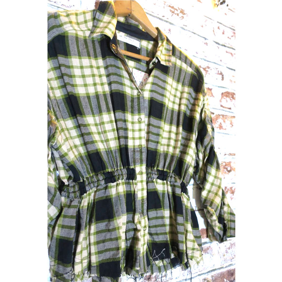 NWT Free People Green Wool Blend Pacific Dawn Plaid Ruched Peplum Raw Hem Blouse - Picture 8 of 15